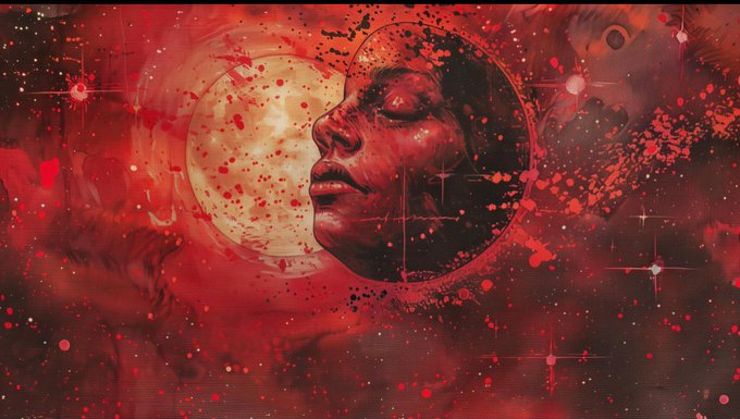 A surreal cosmic artwork featuring a woman's serene face floating amid a vivid red nebula, surrounded by glowing orbs, paint splatters, and starry bursts of light, evoking themes of vastness and interconnection. The ethereal, otherworldly imagery visually mirrors the post's discussion of CNPYNetwork's ambitious infrastructure layer for a connected onchain economy.