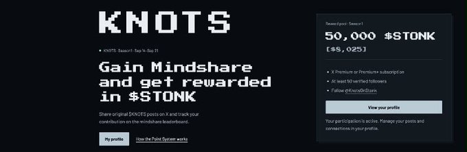 Promotional graphic for 'KNOTS' Season 0 running Sep to Sep 21, offering rewards in '$TONK' (currently $5,025) to participants who post or follow @KnotsOnC chain for mindshare contributions.
