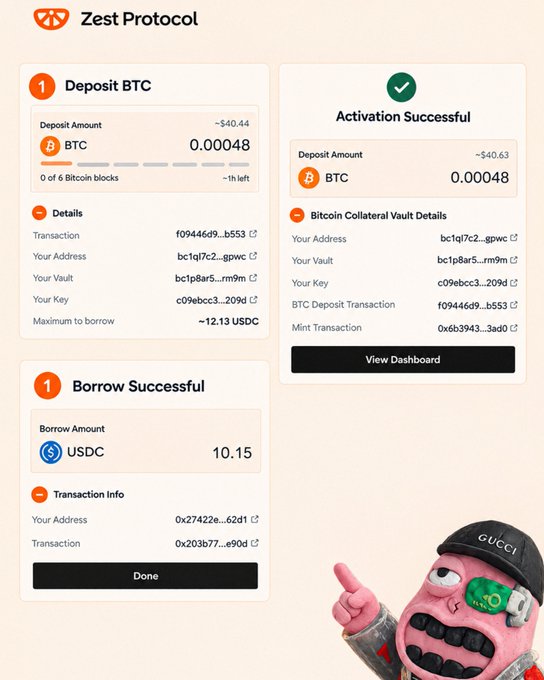 A screenshot of the Zest Protocol interface showing a successful Deposit BTC of 0.00048 (~+$40.44), Activation Successful details, and a Borrow Successful of 10.15 USDC, accompanied by a pink cartoon character wearing a Gucci cap.