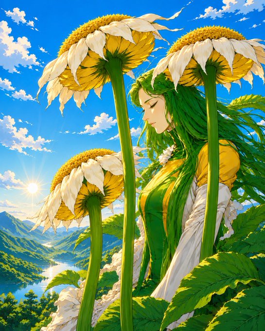 The image features a woman with green hair wearing a yellow dress standing among three large flowers that are white and yellow. The background of the image shows mountains and water, creating a serene atmosphere. The caption provided seems unrelated to the main subject matter and does not provide any additional information about the image or its context.