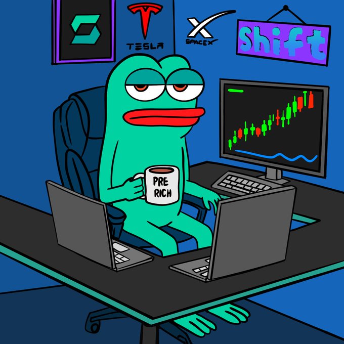 The image features a cartoon frog sitting at a desk with two laptops open in front of him, one on each side. The frog appears to be holding a coffee cup while working on his computers. The background includes a blue wall with various logos such as "tesla", "spx", and "shift". There is also a poster hanging on the wall that reads "trading real stocks onchain feels like a shift in how markets are accessed @ShiftRWA is a tokenized rwa protocol that brings real world stocks and etfs like tesla, spx, and semiconductors onchain as tradable leveraged tokens these tokens give you 2x long or 3x short exposure to".