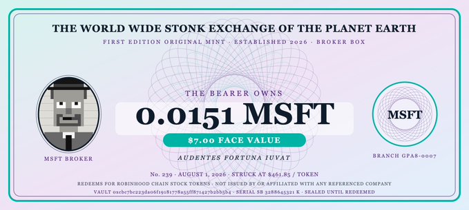 A stylized stock certificate for "The World Wide Stonk Exchange" representing 0.0151 shares of MSFT (Microsoft) stock with a face value of $7.00, featuring a pixelated broker avatar.