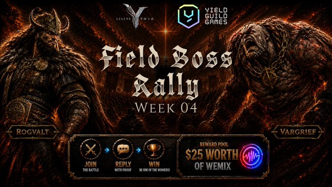 A promotional banner for a 'Field Boss Rally Week 04' event featuring the characters Rogvalt and Vargrief, with a $25 reward pool of Wemix tokens.