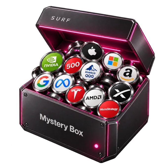 A black 'Mystery Box' with pink neon accents containing silver tokens labeled with various brand logos including NVIDIA, Apple, Microsoft, Tesla, and AMD.