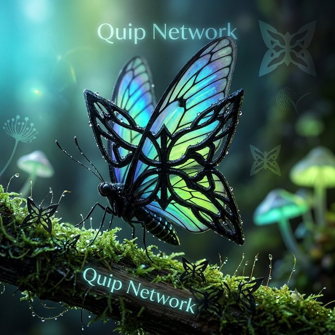A fantasy digital artwork displays a large butterfly with glowing blue and green stained-glass-like wings perched on a mossy branch, with the text 'Quip Network' appearing twice as a watermark.