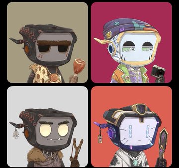 Four cartoon characters with blocky, monitor-like heads wearing different outfits, including tribal and futuristic attire.