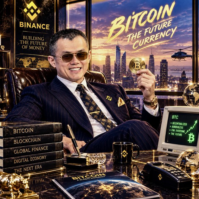 A stylized promotional image featuring a man in a pinstripe suit holding a Bitcoin coin, surrounded by books titled 'BITCOIN', 'BLOCKCHAIN', 'GLOBAL FINANCE', and 'THE NEXT ERA', alongside Binance logos and the text 'BITCOIN THE FUTURE CURRENCY'.