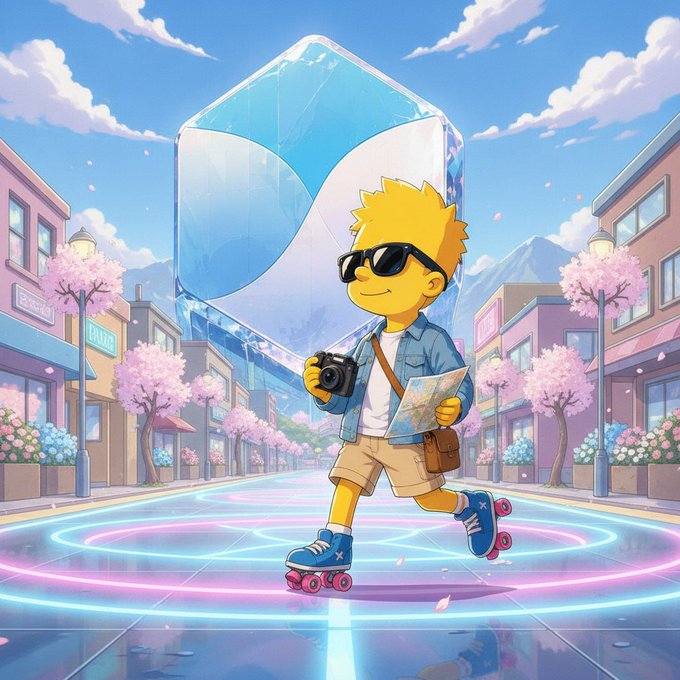 An illustration of Bart Simpson wearing sunglasses, roller skating while holding a camera and map, with a large ice cube in the background and neon rings on the ground.