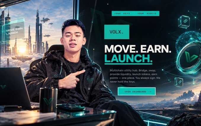 A promotional banner for 'VOLX.' featuring a young man pointing to the text 'MOVE. EARN. LAUNCH.' with the tagline 'YOUR KEYS. YOUR ASSETS' and a description of a multichain utility hub, set against a futuristic sci-fi cityscape.