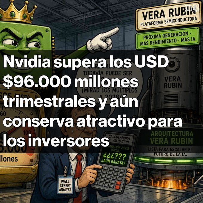 A cartoon illustration of a green chip wearing a crown alongside a 'VERA RUBIN PLATAFORMA SEMICONDUCTORA' machine, with Spanish text announcing 'Nvidia supera los USD $96.000 millones trimestrales y aún conserva atractivo para los inversores'.