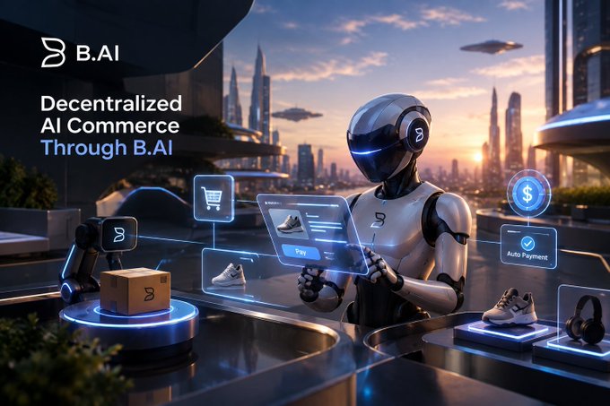 A futuristic promotional image for B.AI featuring a sleek humanoid robot interacting with holographic shopping and payment interfaces, set against a sci-fi cityscape at sunset, with text reading 'Decentralized AI Commerce Through B.AI.'