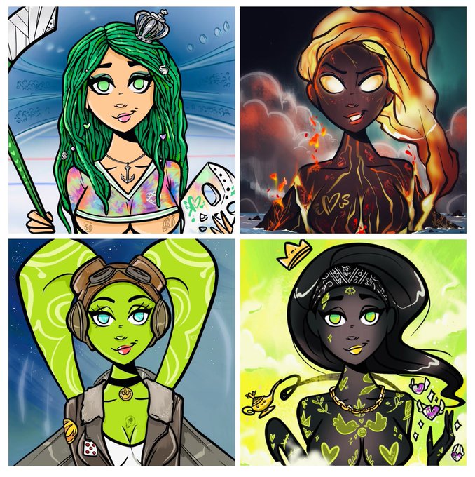 A collage of four cartoon-style female characters with green and fiery color themes, featuring a crown, glowing eyes, aviator goggles, and heart motifs.
