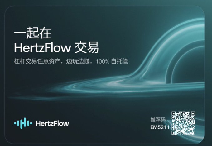 A promotional graphic for HertzFlow (@Hertzflow_xyz) features Chinese text "一起在 HertzFlow 交易" (Trade together on HertzFlow) and "杠杆交易任意资产，边玩边赚，100% 自托管" (Leverage trade any asset, earn while playing, 100% self-custody), alongside the HertzFlow logo, a QR code, and referral code "EM5211." The image complements the post by promoting the HertzFlow platform hosting the $100 survival trading challenge.