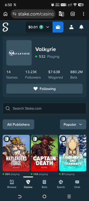 A mobile screenshot of the Stake.com casino website displays the 'Valkyrie' profile with 532 playing, 13.23K followers, and $7.63B wagered, along with games like Waylander's Forge and Captain's Death.