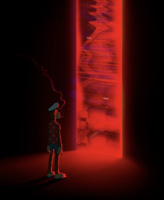 A dark digital illustration of a person smoking a cigarette while facing a tall glowing red portal or screen displaying the words 'STILL HERE'.