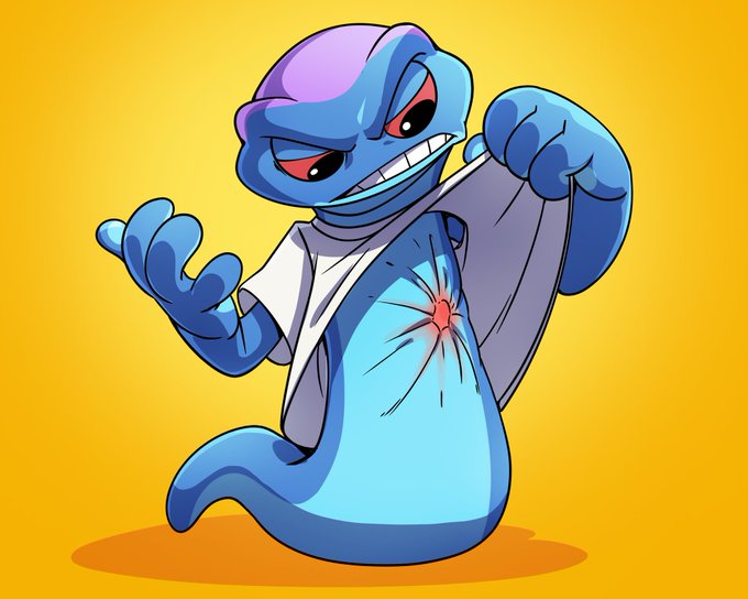 Cartoon illustration of a blue, ghost-like creature baring its teeth and pulling open its shirt to reveal a red, fractured chest area.