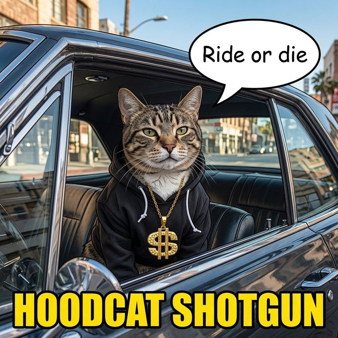 A meme image showing a tabby cat wearing a black hoodie and a large gold dollar sign necklace sitting in the driver's seat of a car, with a speech bubble saying "Ride or die" and the caption "HOODCAT SHOTGUN".