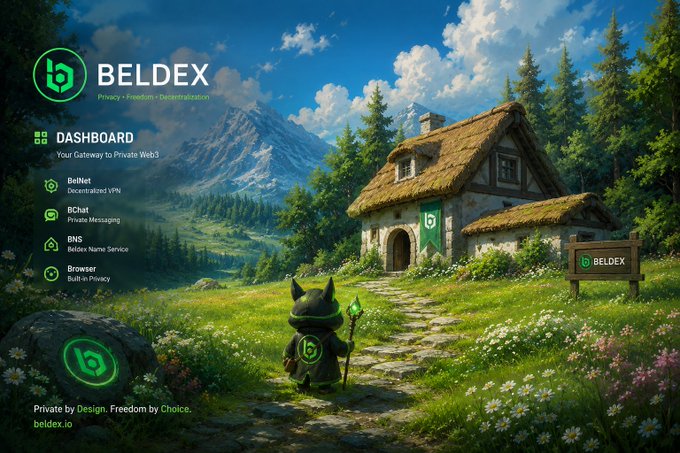 A dashboard landing page for 'BELDEX' featuring a fantasy cottage scene with a small armored character, listing services: BelNet, BChat, BNS, and Browser.