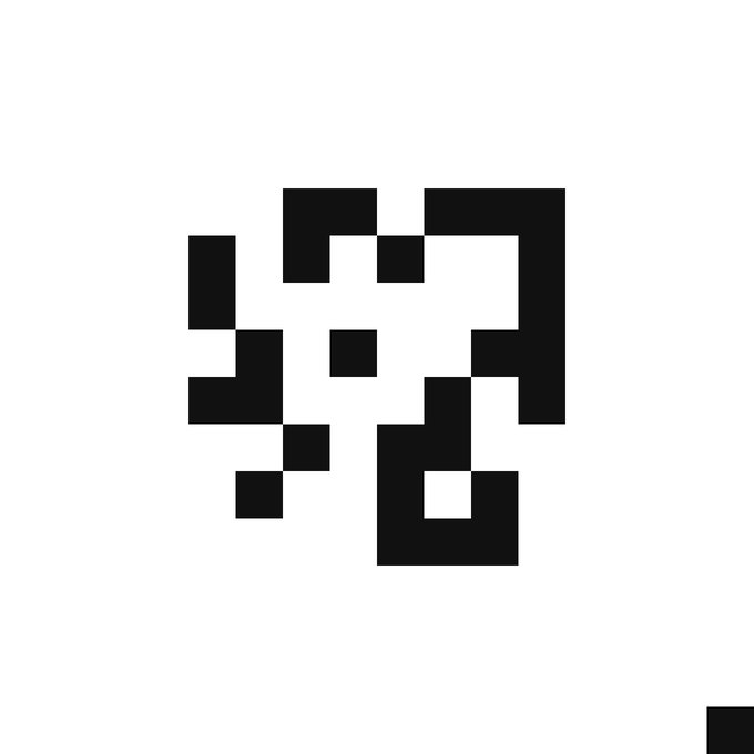 A black and white pixelated image resembling a QR code or abstract design on a white background.