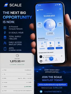 A promotional advertisement for a token called SCALE, featuring icons for AI-Powered Computer Network, 01 SCALE/HOUR, 1 Billion Total Supply, Early Access Waitlist Open, and Airdrops Coming Soon, with a current price of 1,073.55 SPLY and a referral code J1MILLSON.
