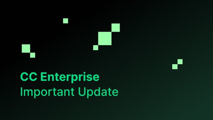 A promotional graphic with a dark green gradient and floating pixelated squares displays the text "CC Enterprise" and "Important Update" in bright green, signaling the retirement announcement of the CC Enterprise validator node. The minimalist design visually marks the end of an era while hinting at continued involvement with Creditcoin's EVM network under the $CTC ticker.
