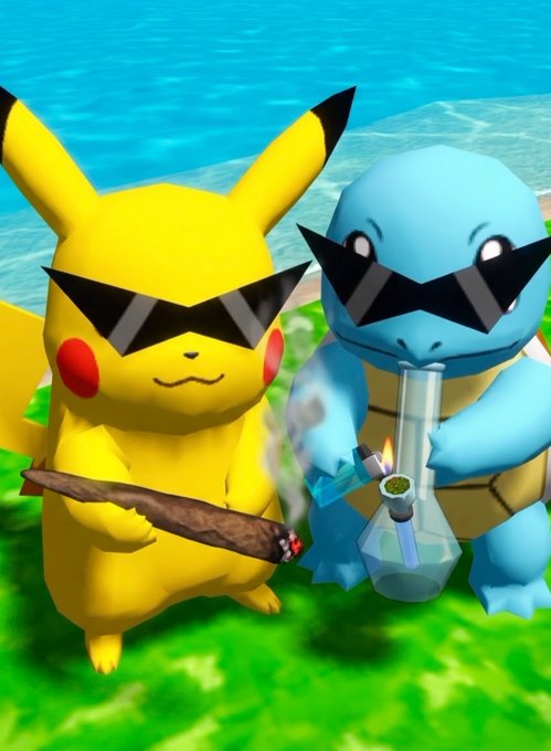 A 3D-rendered Pikachu and Squirtle with black sunglasses hold a bong and a blunt against a cartoonish outdoor backdrop.