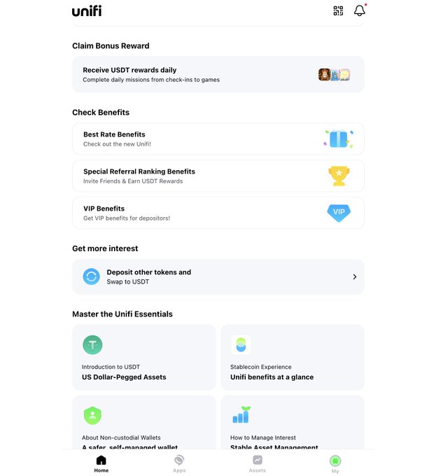 Screenshot of the Unifi app interface showing a "Claim Bonus Reward" section for daily USDT rewards from check-in missions, "Check Benefits" including Best Rate, Special Referral Ranking, and VIP Benefits, plus options to "Deposit other tokens and Swap to USDT" and educational cards on mastering Unifi essentials like USDT deposits and stablecoin experience.