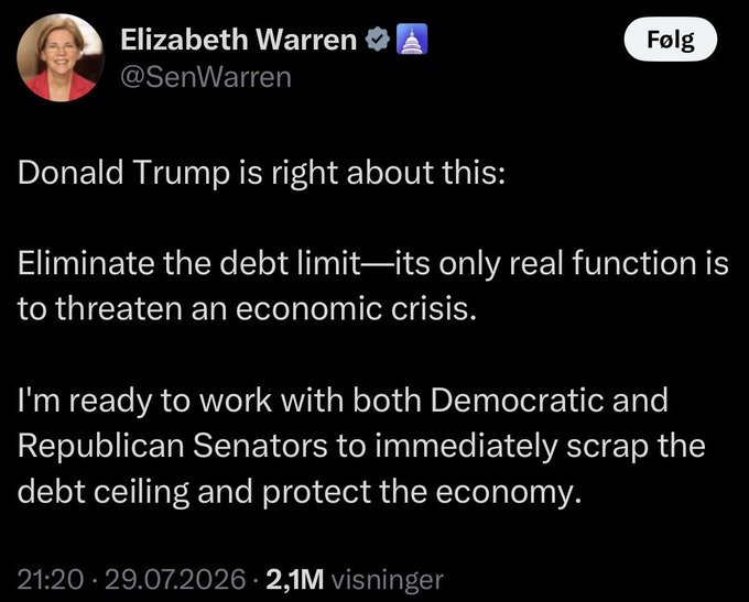 A social media post by Elizabeth Warren (@SenWarren) stating 'Donald Trump is right about this: Eliminate the debt limit—its only real function is to threaten an economic crisis,' with 2.1M views dated 29.07.2026.