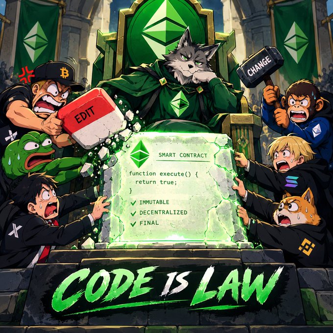 An anime-style illustration featuring anthropomorphic animals and characters surrounding a glowing 'SMART CONTRACT' tablet, with text proclaiming 'CODE IS LAW'.