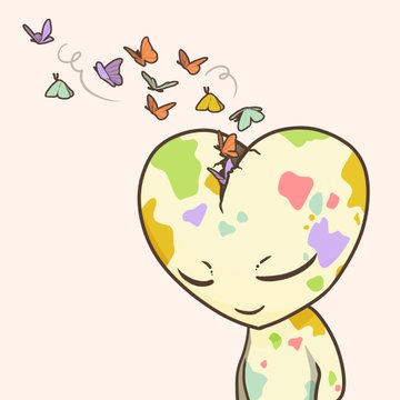 A pastel-colored cartoon character with a heart-shaped head, adorned in a colorful patchwork pattern, smiles serenely as butterflies flutter out from a cracked opening at the top. The whimsical illustration evokes themes of love and transformation, aligning with the post's reference to "Less Than Three Thursday," a celebration of love symbolized by the heart-shaped figure releasing butterflies.