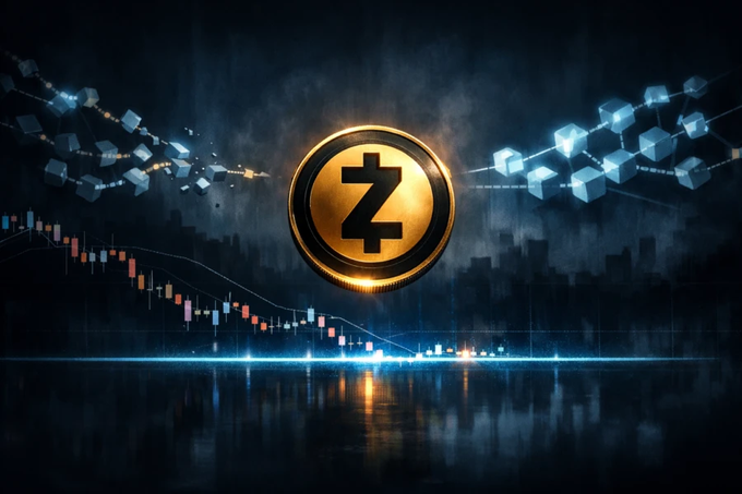 A stylized graphic of a Zcash (ZEC) cryptocurrency coin set against a dark cityscape background with candlestick charts, glowing blue hexagons, and a city skyline reflection.