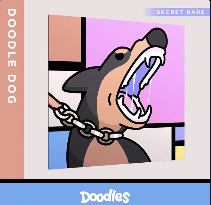 A 'Doodle Dog' card with 'SECRET RARE' rarity label, featuring a cartoon-style snarling dog on a chain against a Mondrian-inspired colorful background, with 'Doodles' branding at the bottom.