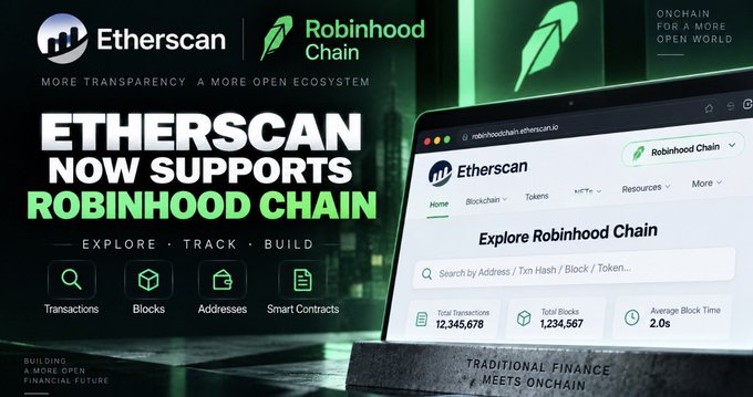 A promotional graphic announces 'ETHERSCAN NOW SUPPORTS ROBINHOOD CHAIN' with statistics showing 12,345,678 total transactions and 1,234,567 total blocks.