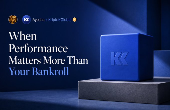 An advertisement with the text "Ayesha x KriptoKGlobal" and "When Performance Matters More Than Your Bankroll" displayed on a dark blue background next to a blue block with the "KK" logo.