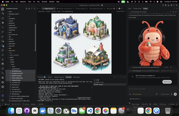 A Mac desktop screenshot showing VS Code with a 3D isometric city building rendering project, alongside a Claude Code chat featuring an orange hermit crab-like character mascot.