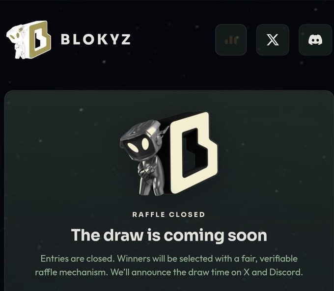 A dark promotional page for the "BLOKYZ" raffle displays a 3D cartoon character beside a blocky letter "D," with a status reading "RAFFLE CLOSED" and "The draw is coming soon." The image aligns with the post by confirming the raffle is closed and announcing that winner selection will be announced on X and Discord.