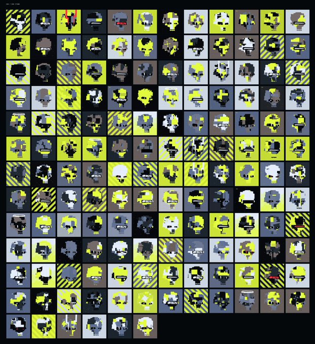 A grid of 131 pixel-art NFT character portraits in black, yellow, gray, and white, with the text "Parasites" visible in the top-left corner, matching the newly minted collection by @thehejz.
