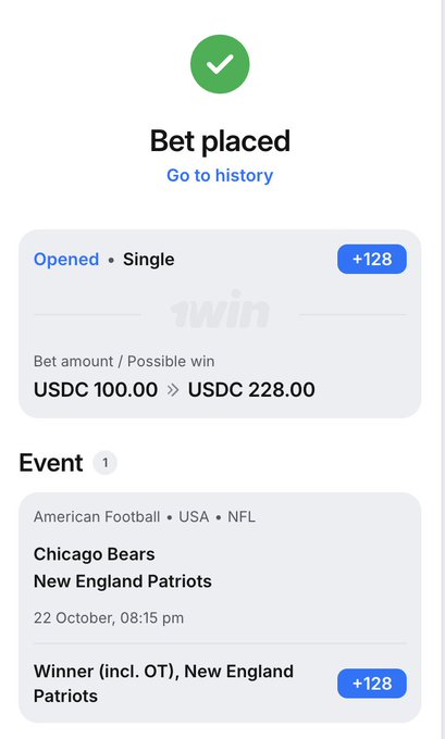 A sports-betting confirmation screen shows a successful single bet: “Bet placed,” with a USDC 100.00 stake and possible win of USDC 228.00 (+128). The event is an NFL game between the Chicago Bears and New England Patriots, with the bet on the Patriots to win, including overtime.