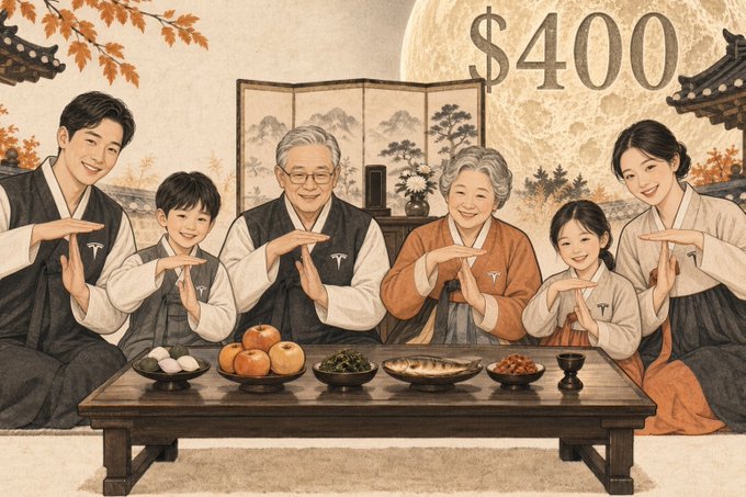 An illustration of a multi-generational Korean family in traditional hanbok making a gesture over a table of food, with the text '$400' displayed in the upper right.
