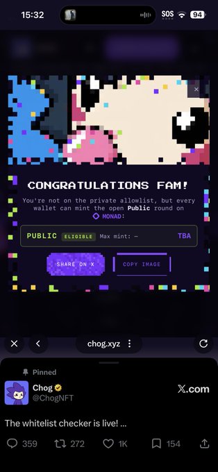 A mobile screenshot showing a pixel art NFT display with the text 'CONGRATULATIONS FAM!' and 'PUBLIC ELIGIBLE' on the Monad network, above a pinned tweet from @ChogNFT announcing the whitelist checker is live.
