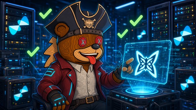 A cartoon bear dressed as a pirate with an eyepatch and hat sitting at a holographic console displaying a butterfly logo, surrounded by green checkmarks in a high-tech server room setting.