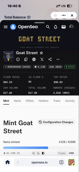 A mobile screenshot of the OpenSea NFT marketplace page for the 'Goat Street' collection on the Robinhood Chain, showing a floor price of $84.53, 24H volume of $17.6K, and 4,129 items minted out of 6,666.