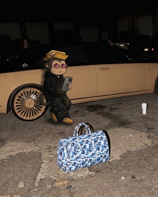 A cartoonish monkey character wearing a black outfit, pink sunglasses, and a small gold crown, standing next to a blue and white patterned duffel bag in front of a tan car at night.