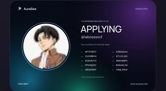A dark purple 'AuraSea' Genesis Pass profile showing 'APPLYING @labosssxxf' with a blurred avatar, 'THE BEGINNING BELONGS TO US' text, a list of alphanumeric codes, and 'FREE MINT' at the bottom.