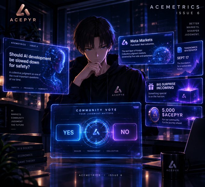 Futuristic Acepyr 'Acemetrics Issue 6' promotional graphic featuring an anime-style character surrounded by holographic panels, including a community vote 'Should AI development be slowed down for safety?' and references to Meta Markets and $ACEPYR token.