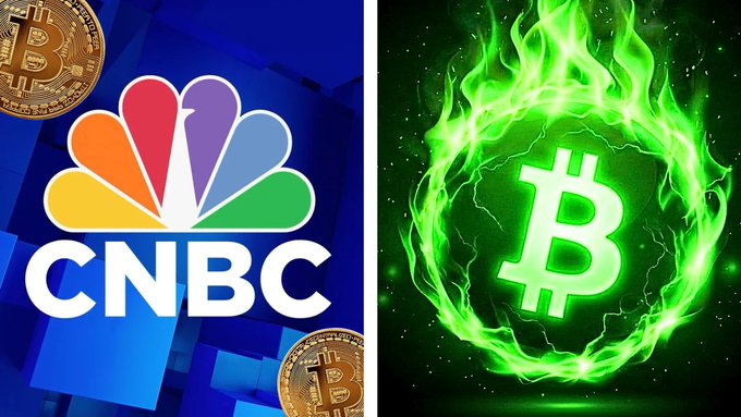 A split image showing the CNBC logo on the left alongside golden Bitcoin coins, and a Bitcoin symbol engulfed in green flames on the right.