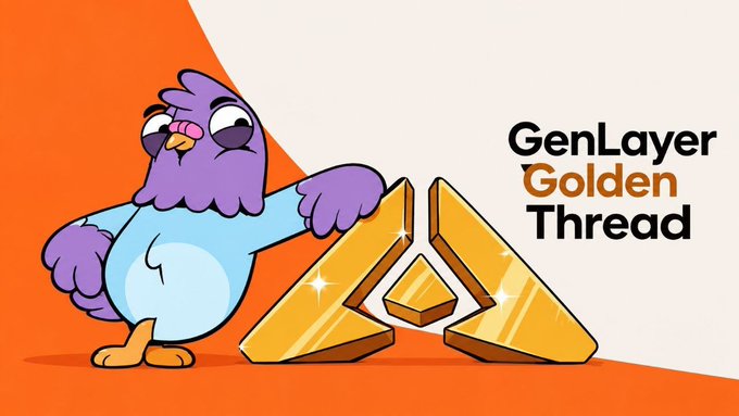 A cartoon purple owl character in a blue shirt standing next to a golden triangular logo with the text 'GenLayer Golden Thread' on an orange and beige background.