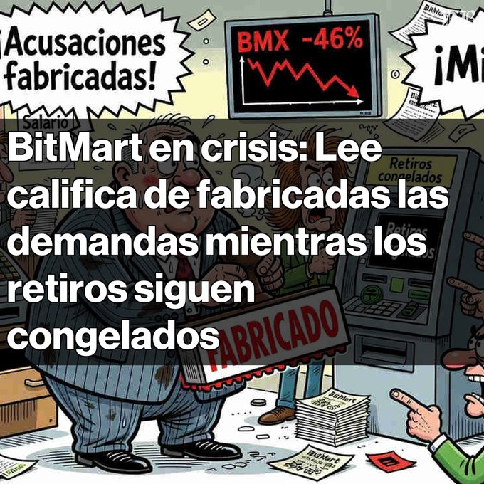 A Spanish-language cartoon illustration depicting a BitMart crisis, with text reading 'BitMart en crisis: Lee califica de fabricadas las demandas mientras los retiros siguen congelados' and showing BMX stock down 46%.
