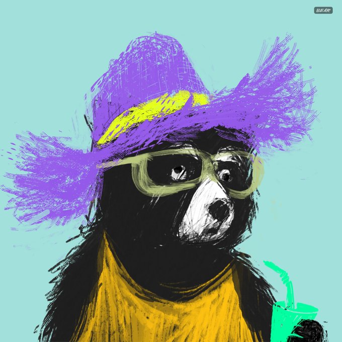 A colorful illustration of a black bear wearing a purple and yellow sombrero, yellow tank top, and green sunglasses, holding a cup with a green straw.