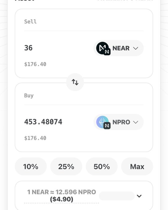 A cryptocurrency exchange interface showing a sell order of 36 NEAR tokens ($176.40) and a buy order of 453.48074 NPRO tokens ($176.40), with an exchange rate of 1 NEAR ≈ 12.596 NPRO ($4.90).